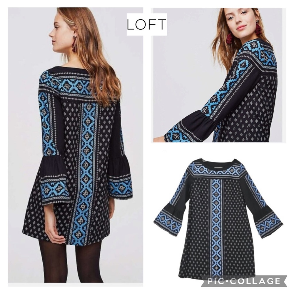 Loft Shift Dress Boho Black Blue Petite Medium Bell Sleeves NWT